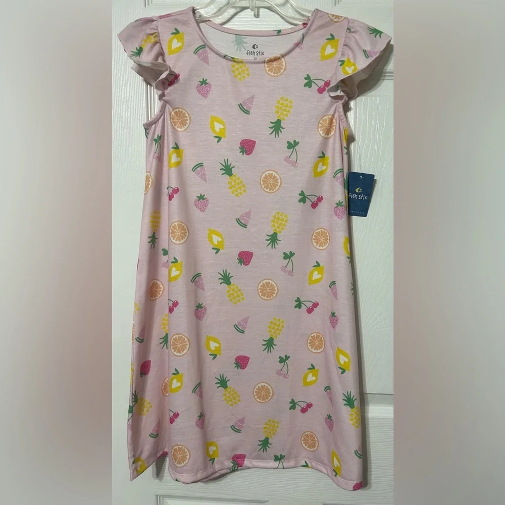 FISH STIX Stitch Fix Girls Night Gown Pink Fruit Print Flutter Sleeves NWT 10